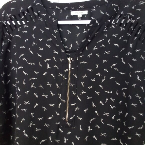 Maurices Blouse 1 1X Half Sleeve Shoulder Cut-Out Zipper Pattern Black White - Picture 4 of 16